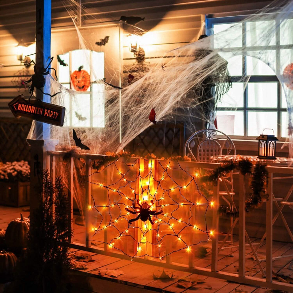 Toile d'araignée lumineuse avec araignée velue 70 LED alimentée par piles Télécommande 8 modes d'éclairage