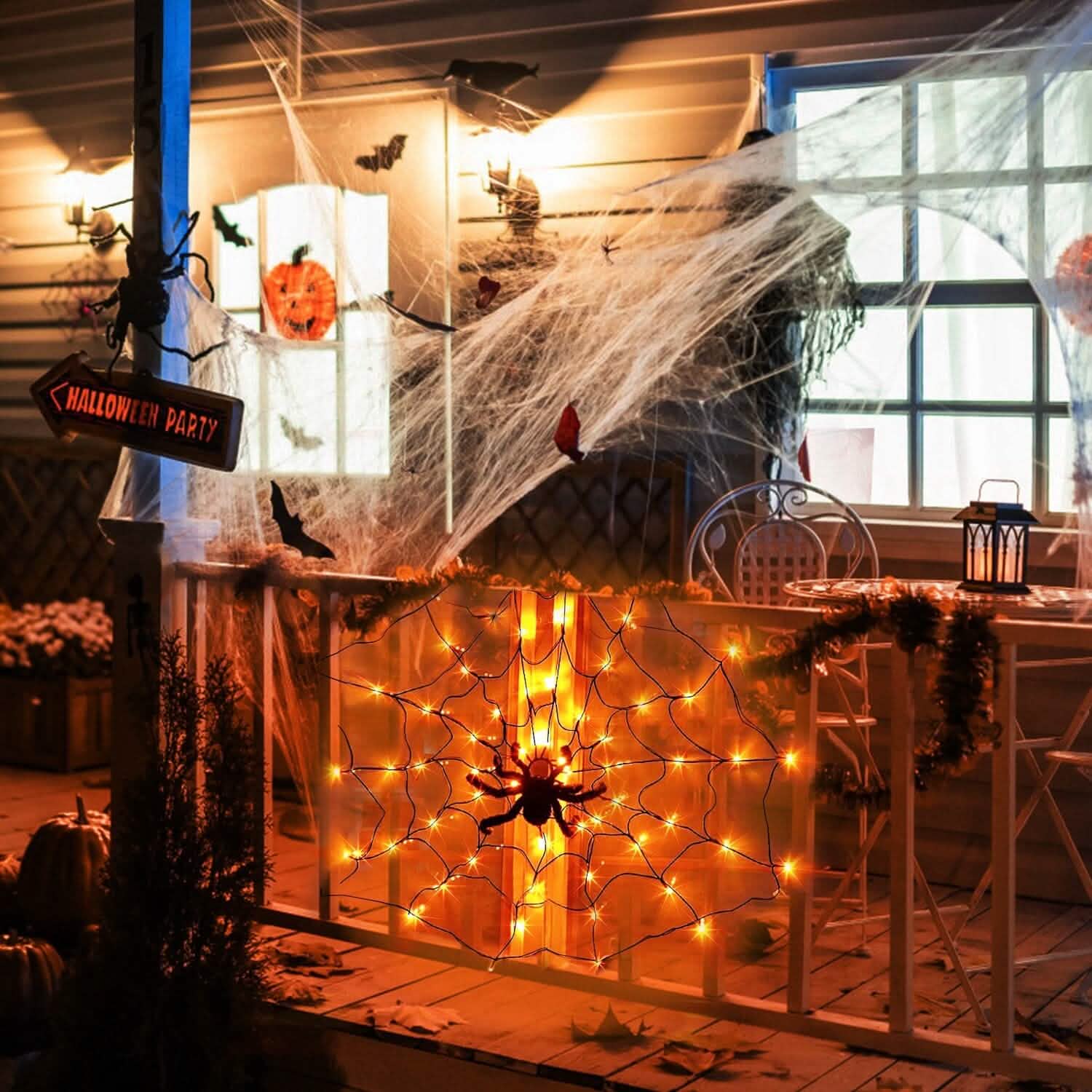 Toile d'araignée lumineuse avec araignée velue 70 LED alimentée par piles Télécommande 8 modes d'éclairage