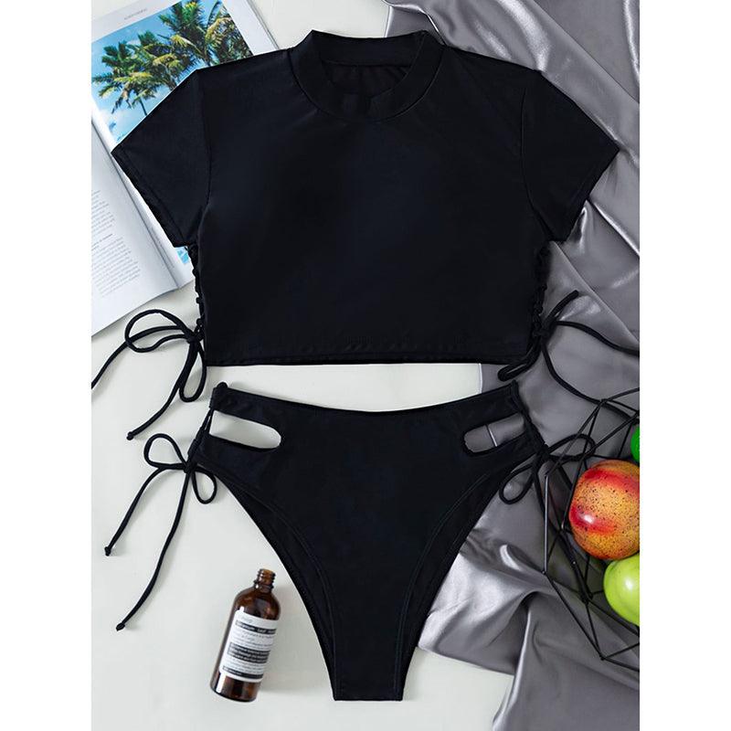 Ensemble de bikini de sport de couleur unie pour femmes, maillots de bain deux pièces, nœud, rembourré, push-up, ensembles de bikini modernes pour femmes, maillot de bain taille haute, ensemble de bikini avec corde et nœud et manches longues