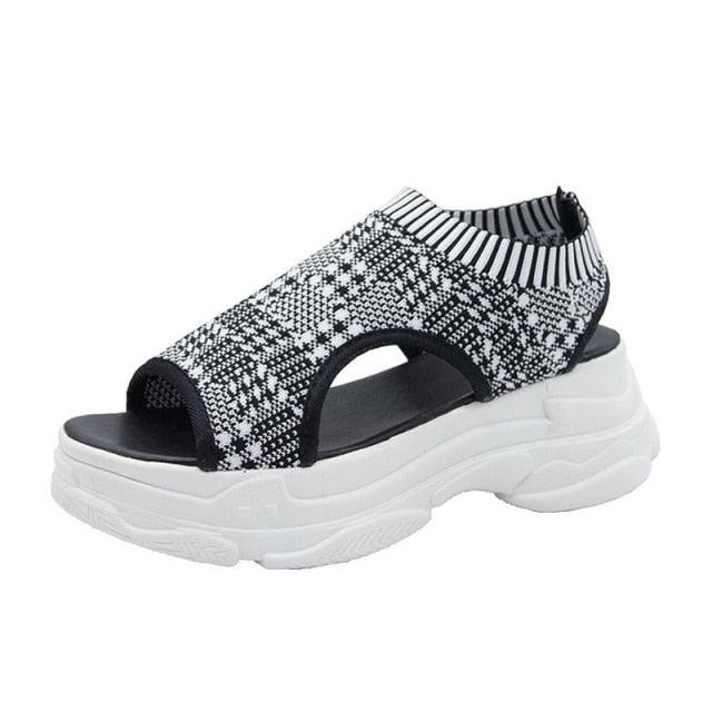 Chaussures confortables de sport pour femmes, sandales à plateforme estivales, chaussures décontractées pour femmes, sandales tricotées à bout ouvert, chaussures d'été pour femmes, baskets élégantes à enfiler.