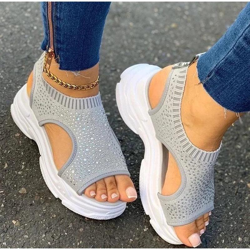 Chaussures confortables de sport pour femmes, sandales à plateforme estivales, chaussures décontractées pour femmes, sandales tricotées à bout ouvert, chaussures d'été pour femmes, baskets élégantes à enfiler.