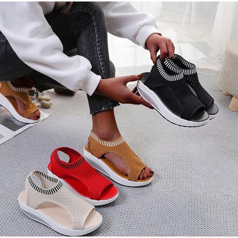 Chaussures confortables de sport pour femmes, sandales à plateforme estivales, chaussures décontractées pour femmes, sandales tricotées à bout ouvert, chaussures d'été pour femmes, baskets élégantes à enfiler.
