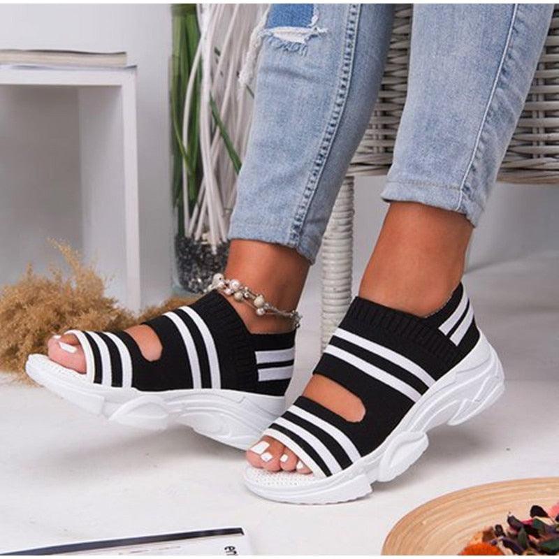 Chaussures confortables de sport pour femmes, sandales à plateforme estivales, chaussures décontractées pour femmes, sandales tricotées à bout ouvert, chaussures d'été pour femmes, baskets élégantes à enfiler.