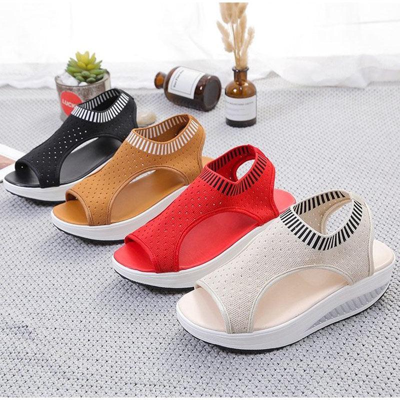 Chaussures confortables de sport pour femmes, sandales à plateforme estivales, chaussures décontractées pour femmes, sandales tricotées à bout ouvert, chaussures d'été pour femmes, baskets élégantes à enfiler.
