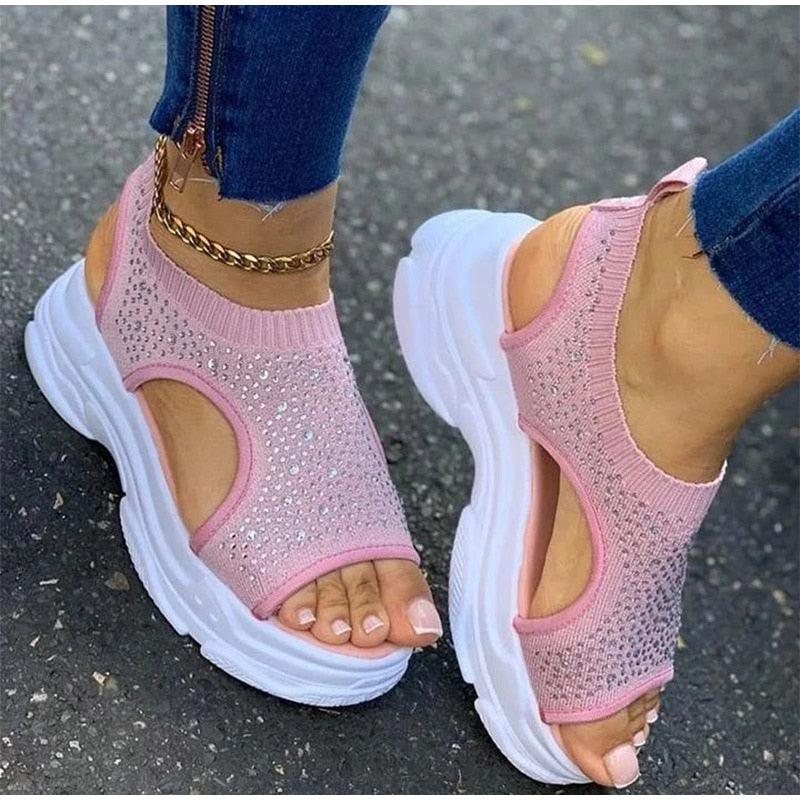 Chaussures confortables de sport pour femmes, sandales à plateforme estivales, chaussures décontractées pour femmes, sandales tricotées à bout ouvert, chaussures d'été pour femmes, baskets élégantes à enfiler.