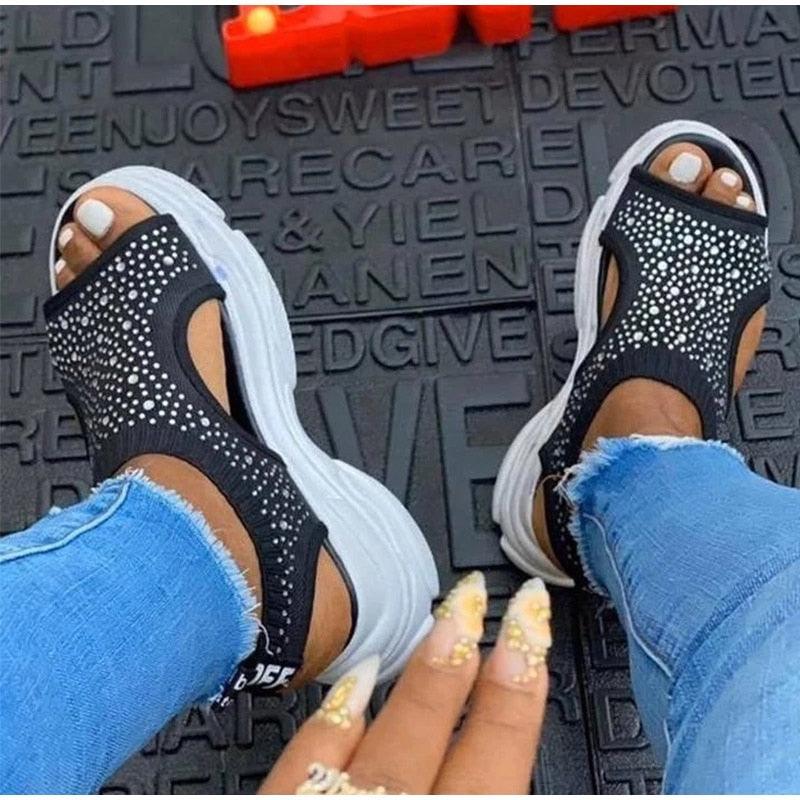 Chaussures confortables de sport pour femmes, sandales à plateforme estivales, chaussures décontractées pour femmes, sandales tricotées à bout ouvert, chaussures d'été pour femmes, baskets élégantes à enfiler.