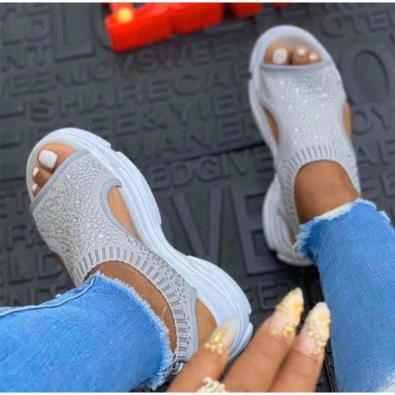 Chaussures confortables de sport pour femmes, sandales à plateforme estivales, chaussures décontractées pour femmes, sandales tricotées à bout ouvert, chaussures d'été pour femmes, baskets élégantes à enfiler.