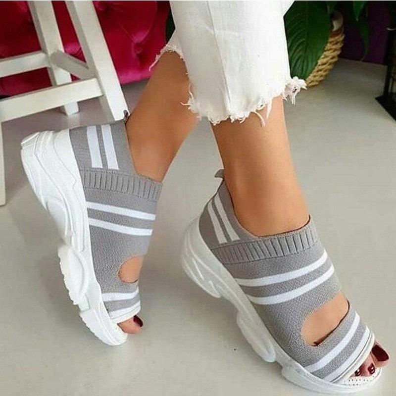 Chaussures confortables de sport pour femmes, sandales à plateforme estivales, chaussures décontractées pour femmes, sandales tricotées à bout ouvert, chaussures d'été pour femmes, baskets élégantes à enfiler.