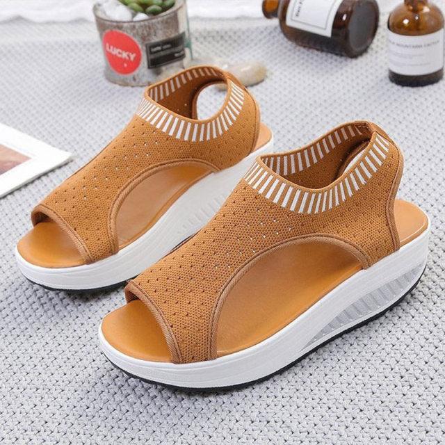 Chaussures confortables de sport pour femmes, sandales à plateforme estivales, chaussures décontractées pour femmes, sandales tricotées à bout ouvert, chaussures d'été pour femmes, baskets élégantes à enfiler.