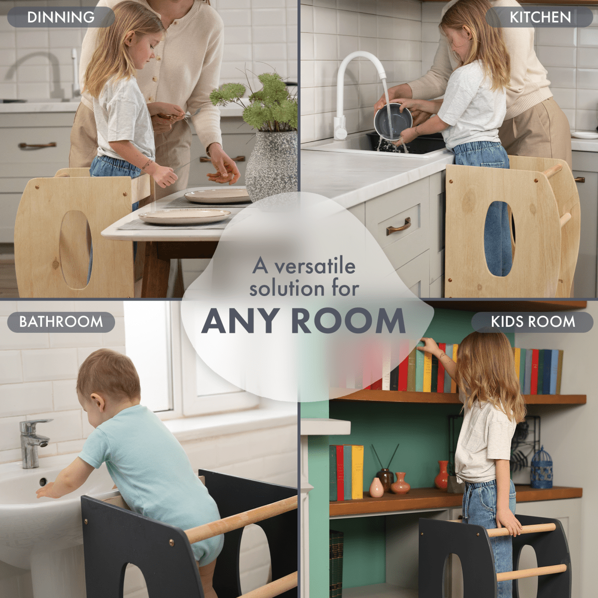 Tour Montessori stable : Chaise évolutive en bois - Beige