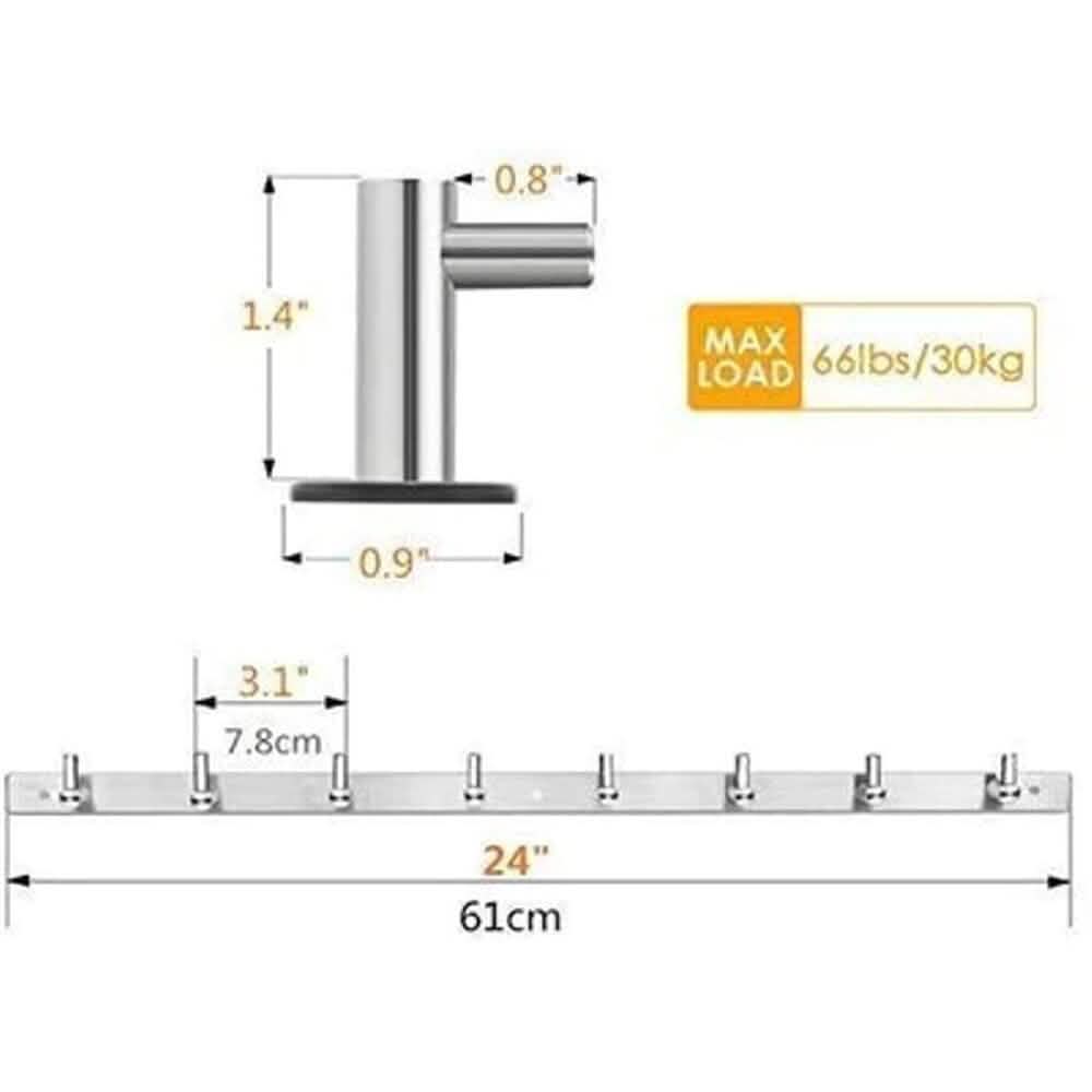 Support mural en acier inoxydable de 24 po avec 8 crochets - Argent