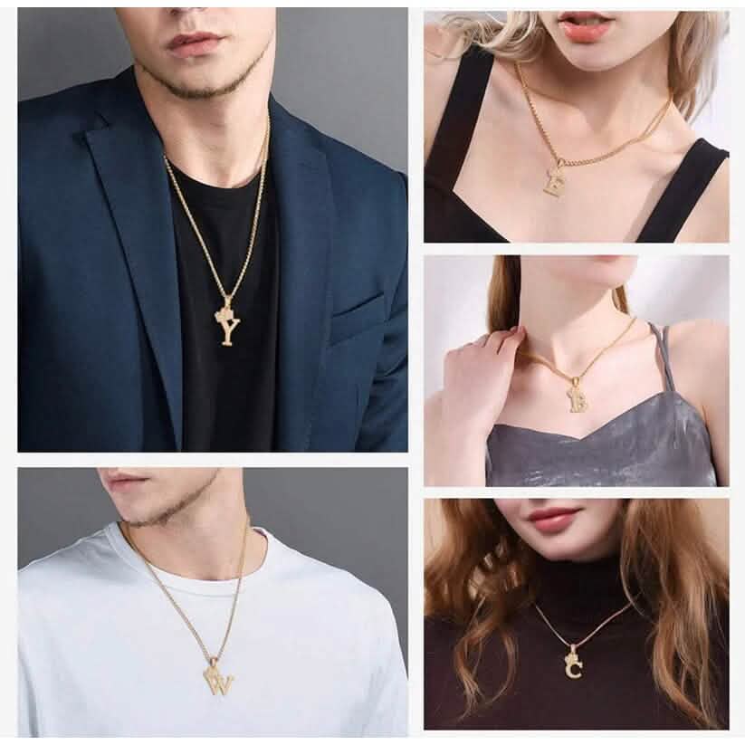 Collier Lettres A-Z Couronne Hip-Hop en Acier Inoxydable Plaqué Or pour Hommes et Femmes