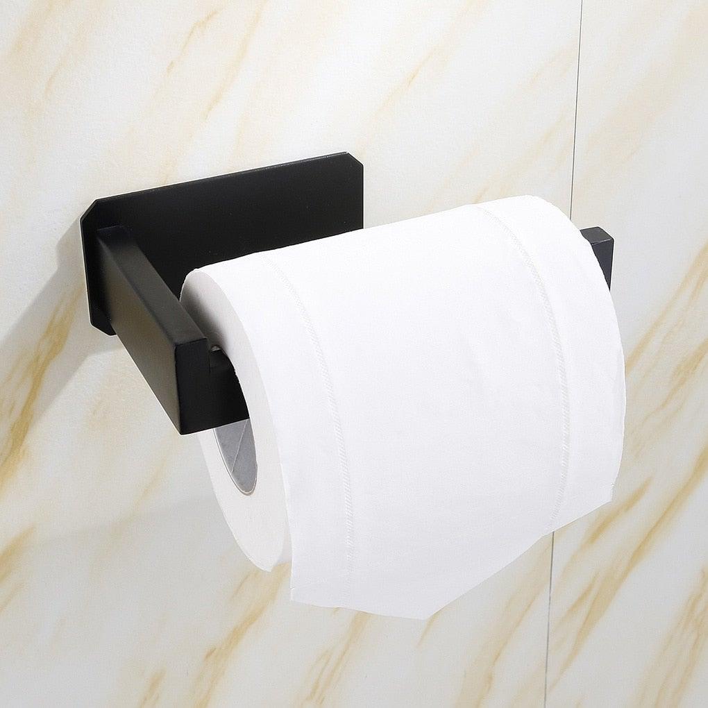 Porte-papier toilette en acier inoxydable, auto-adhésif, pour salle de bain, finition noire, installation facile sans vis, distributeur et supports muraux pour rouleaux de papier toilette noirs mats pour salle de bain et cuisine