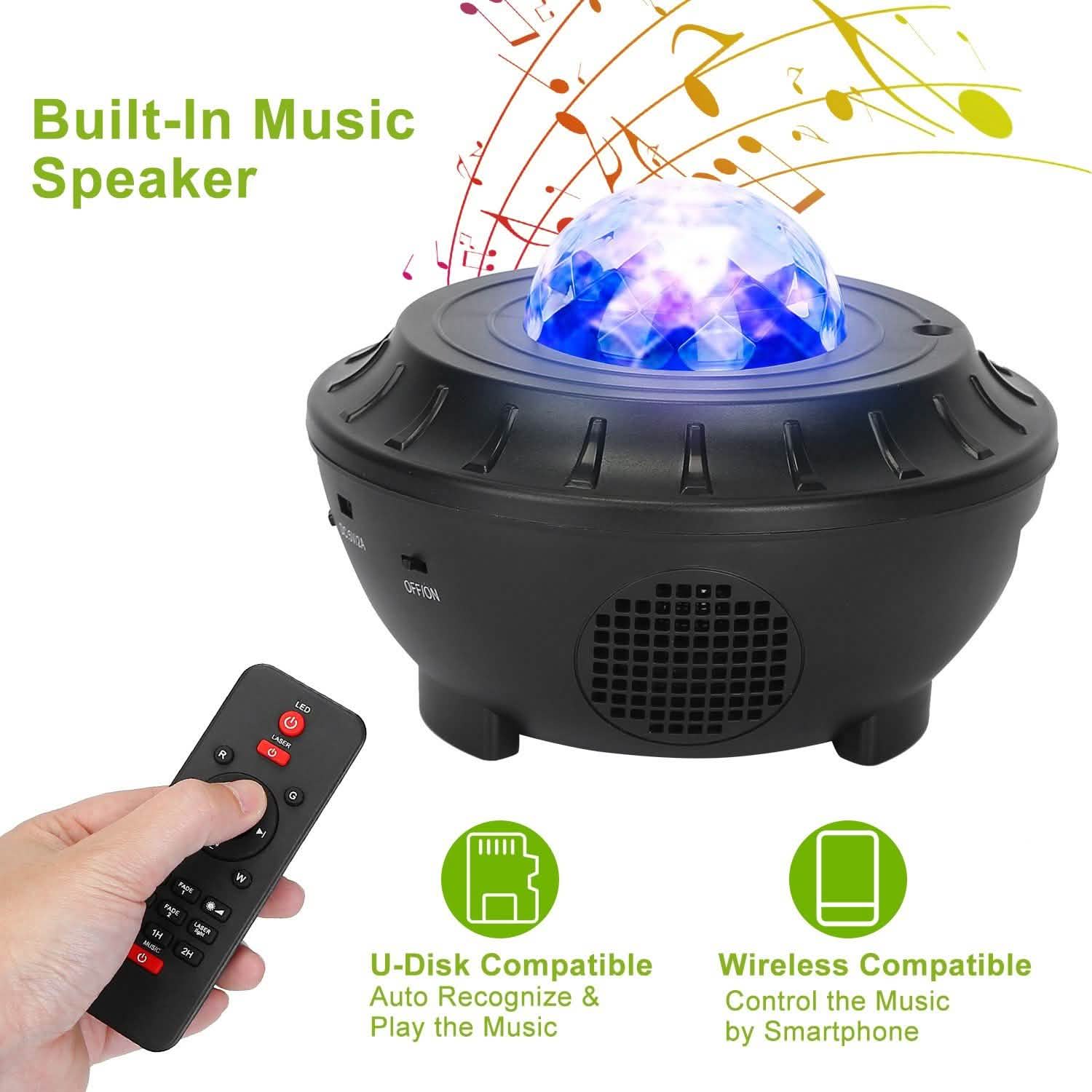 Lampe projecteur d'étoiles RGBW sans fil avec haut-parleur de musique et veilleuse