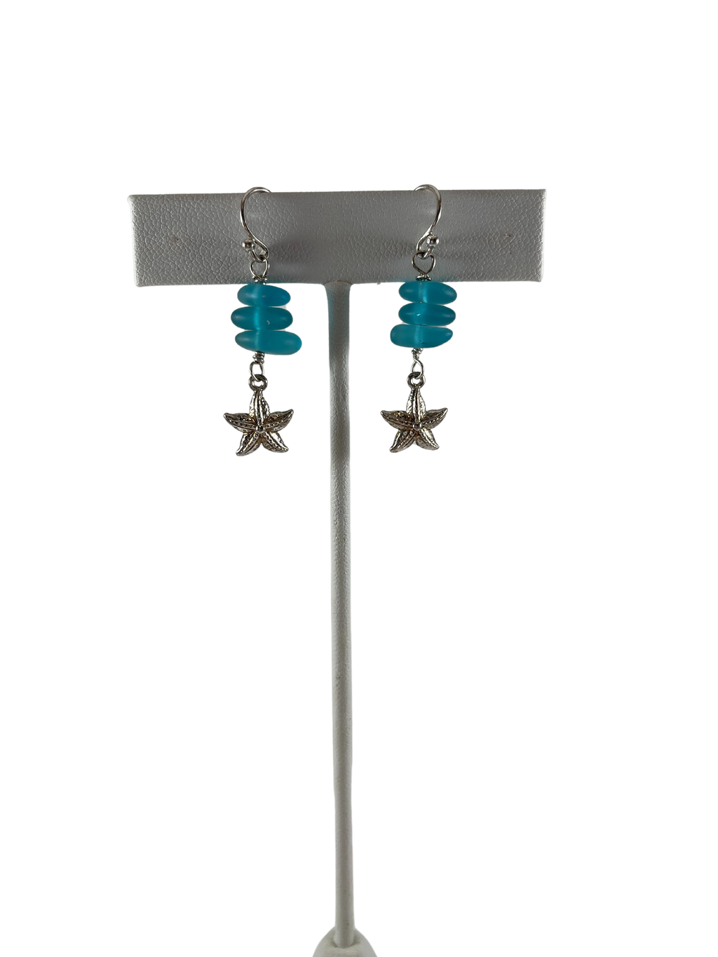 Blue Sea Glass Sterling Starfish Earrings