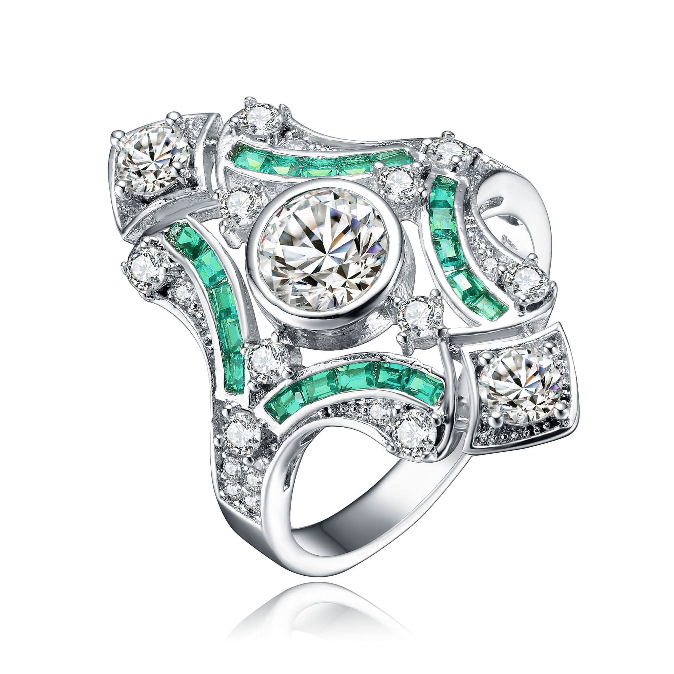 Bague moderne en argent sterling avec zircones cubiques taille baguette et rondes