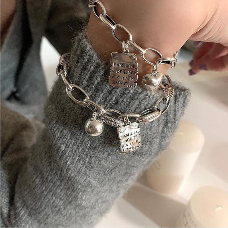 Bracelet en argent sterling cœur simple perles lettres carré mode design unique rétro couple cœur mignon pendentif chaîne bracelet réglable multi-rangs maillons métalliques pour femmes filles