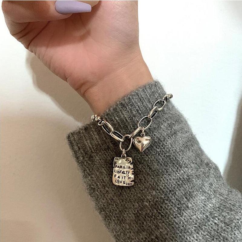 Bracelet en argent sterling cœur simple perles lettres carré mode design unique rétro couple cœur mignon pendentif chaîne bracelet réglable multi-rangs maillons métalliques pour femmes filles