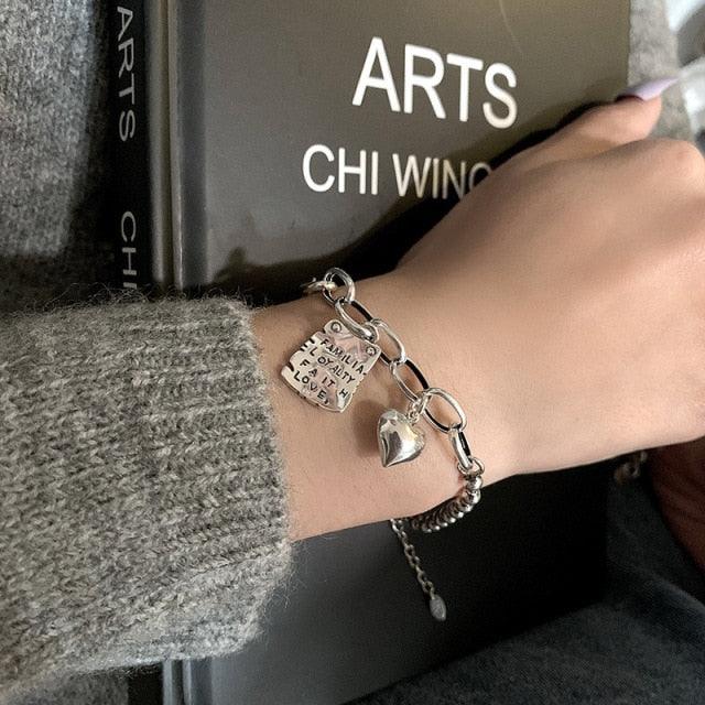 Bracelet en argent sterling cœur simple perles lettres carré mode design unique rétro couple cœur mignon pendentif chaîne bracelet réglable multi-rangs maillons métalliques pour femmes filles