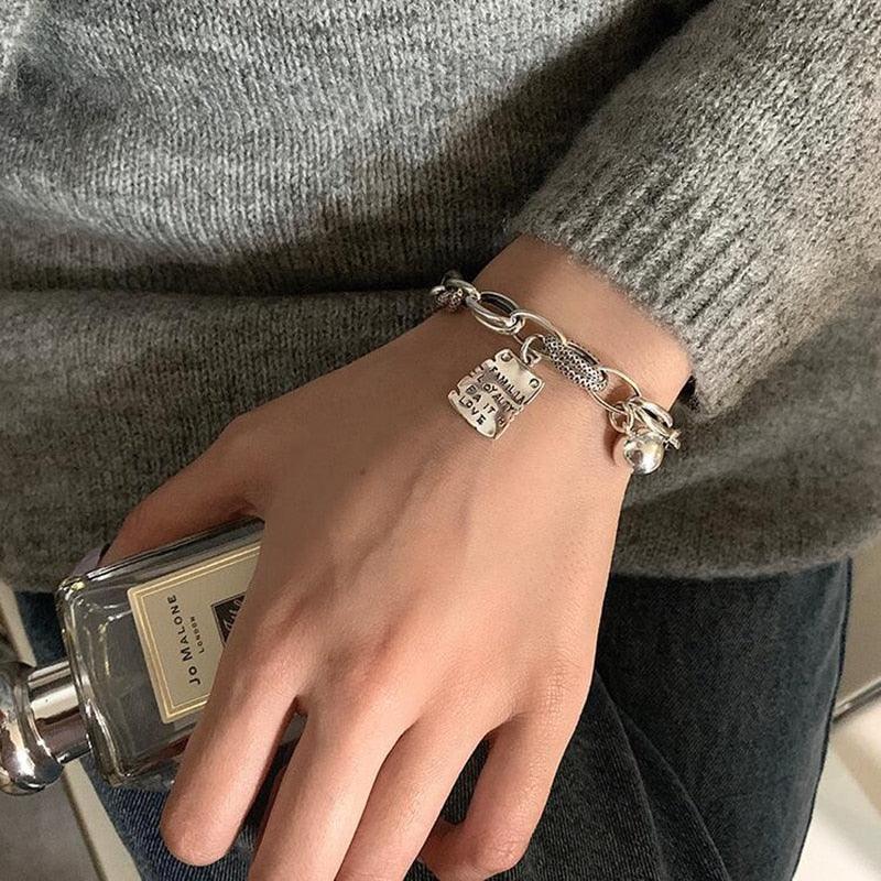 Bracelet en argent sterling cœur simple perles lettres carré mode design unique rétro couple cœur mignon pendentif chaîne bracelet réglable multi-rangs maillons métalliques pour femmes filles