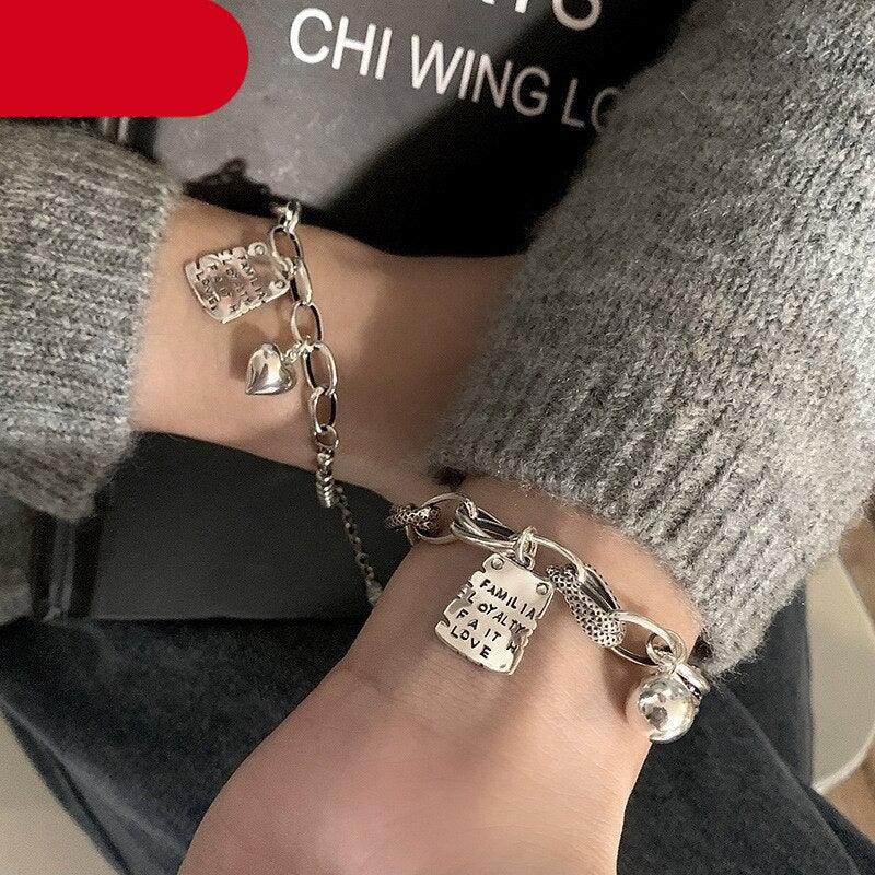 Bracelet en argent sterling cœur simple perles lettres carré mode design unique rétro couple cœur mignon pendentif chaîne bracelet réglable multi-rangs maillons métalliques pour femmes filles