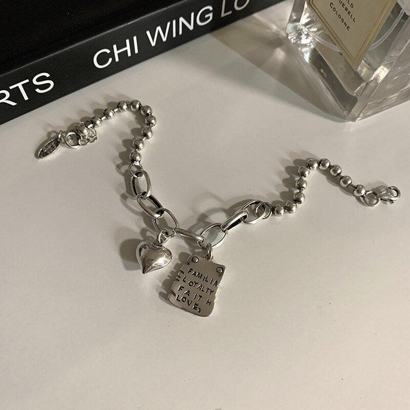 Bracelet en argent sterling cœur simple perles lettres carré mode design unique rétro couple cœur mignon pendentif chaîne bracelet réglable multi-rangs maillons métalliques pour femmes filles