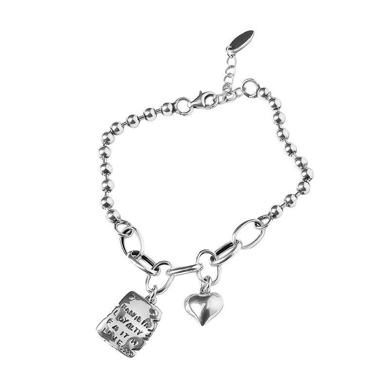 Bracelet en argent sterling cœur simple perles lettres carré mode design unique rétro couple cœur mignon pendentif chaîne bracelet réglable multi-rangs maillons métalliques pour femmes filles