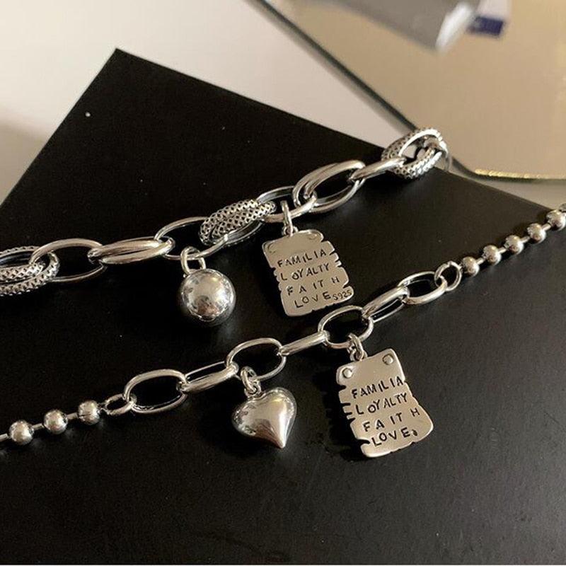 Bracelet en argent sterling cœur simple perles lettres carré mode design unique rétro couple cœur mignon pendentif chaîne bracelet réglable multi-rangs maillons métalliques pour femmes filles