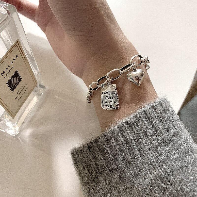 Bracelet en argent sterling cœur simple perles lettres carré mode design unique rétro couple cœur mignon pendentif chaîne bracelet réglable multi-rangs maillons métalliques pour femmes filles