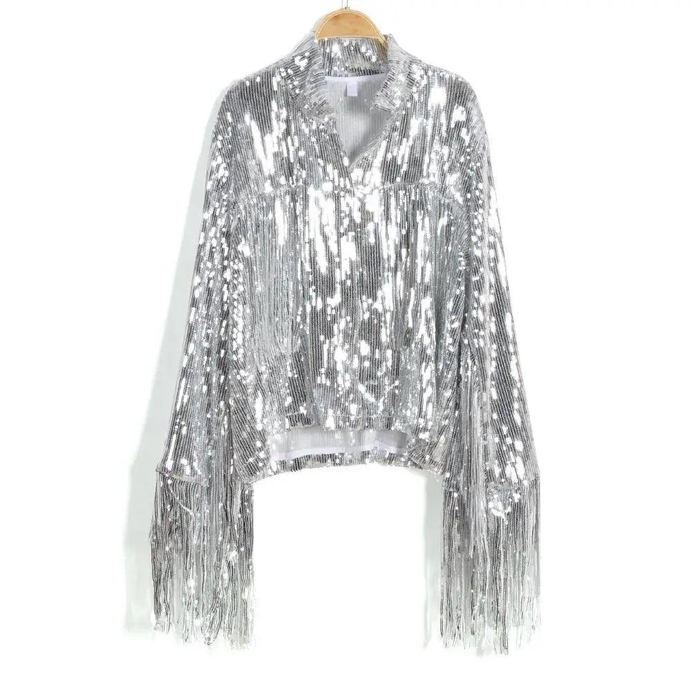 Veste à Sequins à Paillettes avec Glands Sterling pour Femmes, Veste Réfléchissante Argentée à Manches Longues, Style Rock, Streetwear Automne Hiver, Hauts de Vêtements d'Extérieur pour Femmes