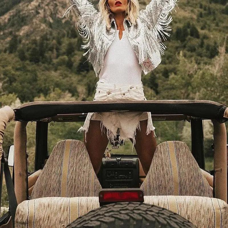 Veste à Sequins à Paillettes avec Glands Sterling pour Femmes, Veste Réfléchissante Argentée à Manches Longues, Style Rock, Streetwear Automne Hiver, Hauts de Vêtements d'Extérieur pour Femmes