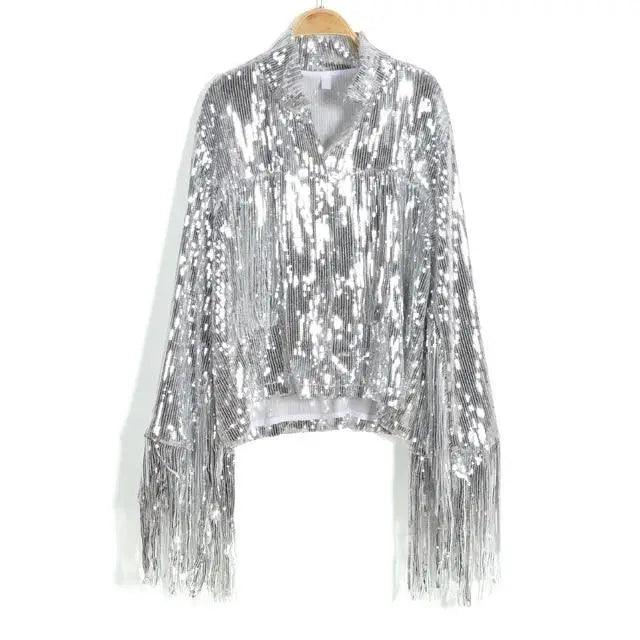 Veste à Sequins à Paillettes avec Glands Sterling pour Femmes, Veste Réfléchissante Argentée à Manches Longues, Style Rock, Streetwear Automne Hiver, Hauts de Vêtements d'Extérieur pour Femmes