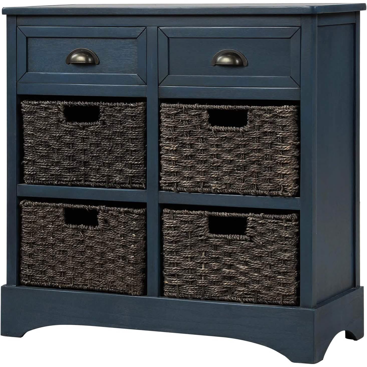 Meuble de rangement avec 2 tiroirs et 4 paniers en rotin