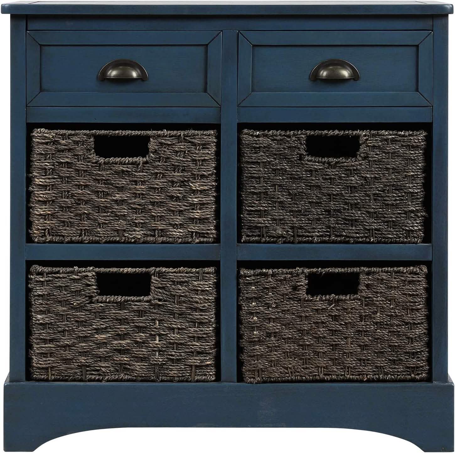 Meuble de rangement avec 2 tiroirs et 4 paniers en rotin
