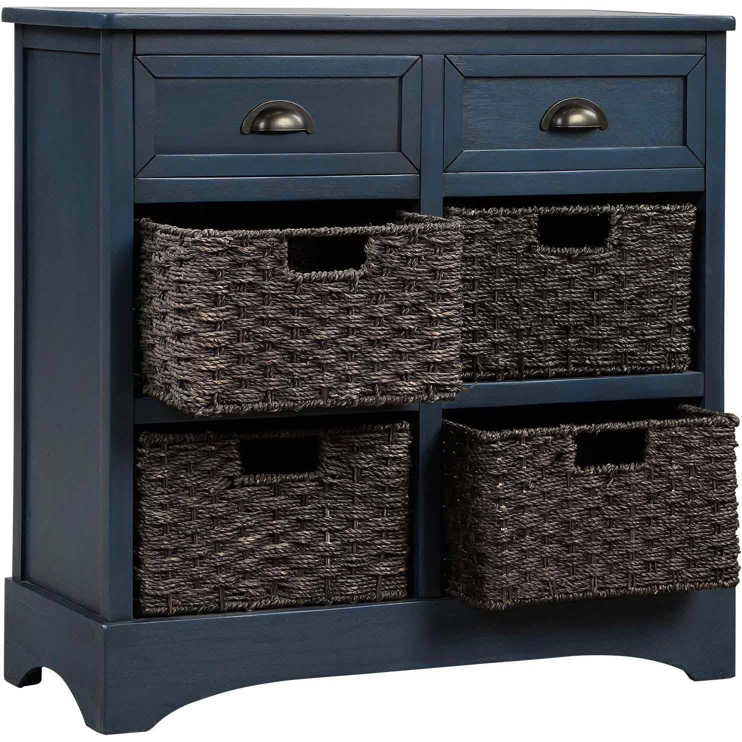Meuble de rangement avec 2 tiroirs et 4 paniers en rotin