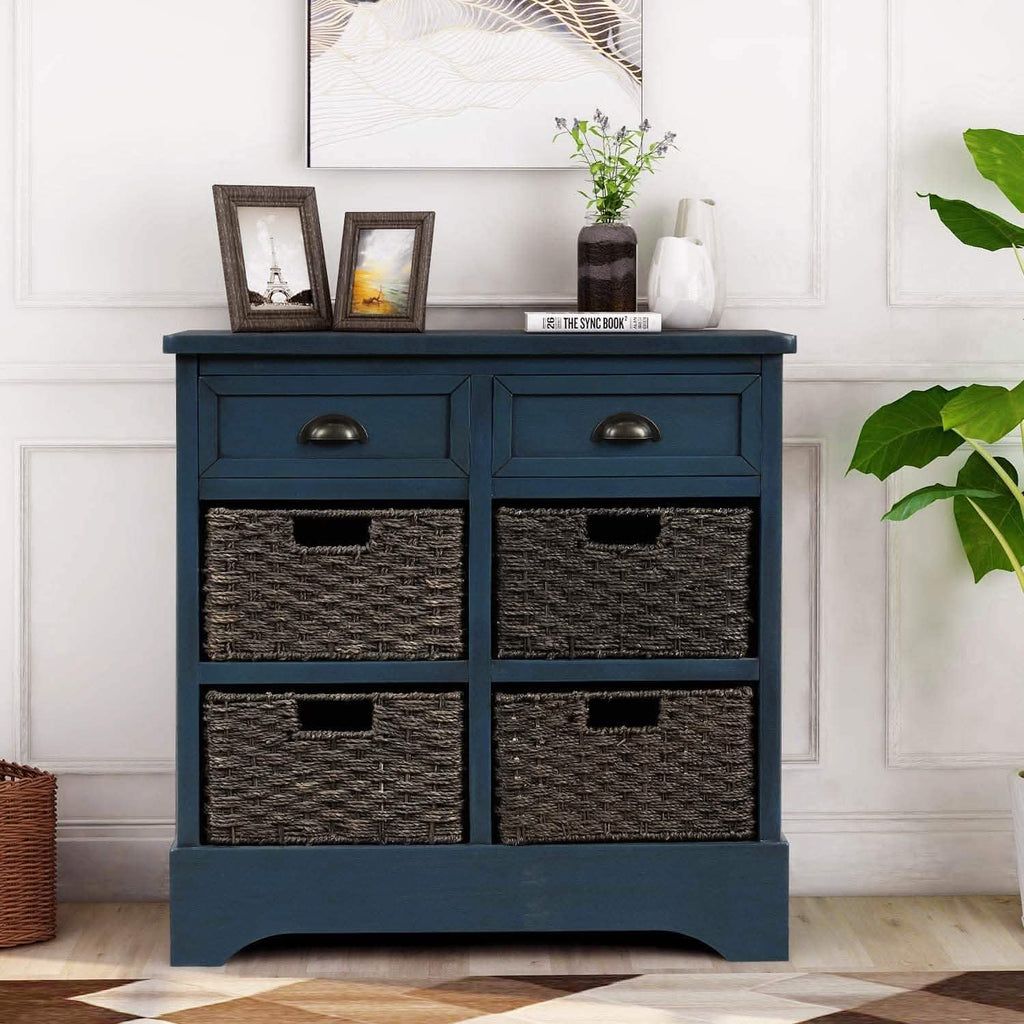 Meuble de rangement avec 2 tiroirs et 4 paniers en rotin