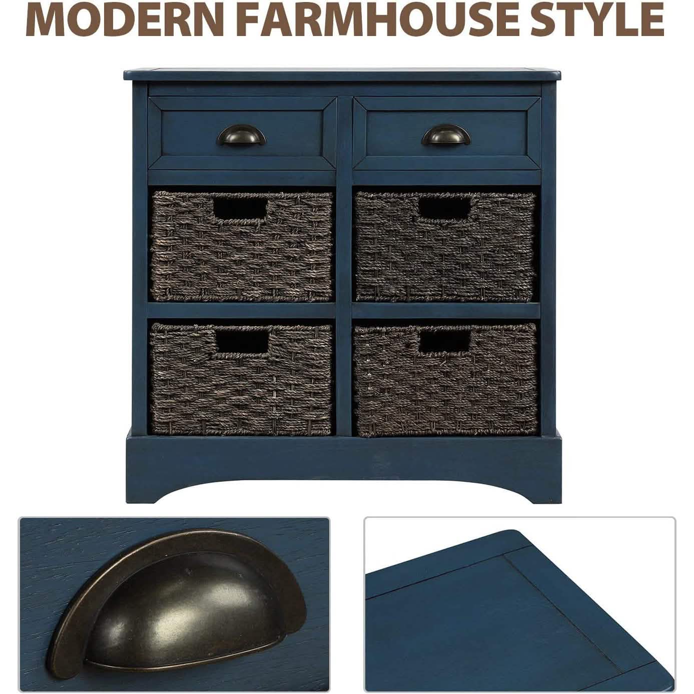 Meuble de rangement avec 2 tiroirs et 4 paniers en rotin
