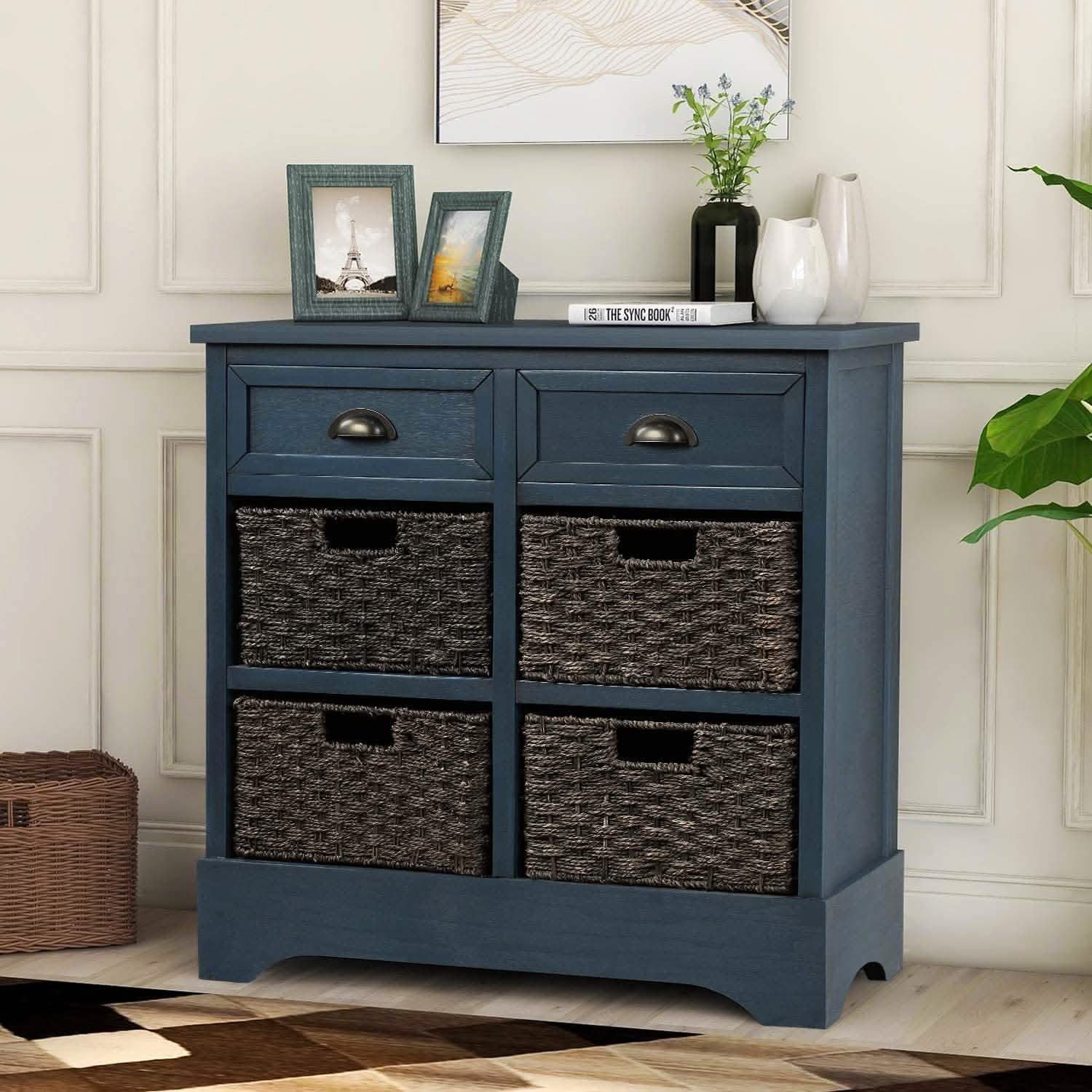 Meuble de rangement avec 2 tiroirs et 4 paniers en rotin
