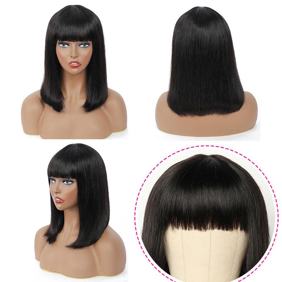 Perruques Bob Courtes Lisses en Cheveux Humains avec Frange Cheveux Naturels Brésiliens Perruques Bob Courtes pour Femmes Sans Dentelle Entièrement Faites à la Machine pour Femmes Noires Cadeaux pour Petites Amies
