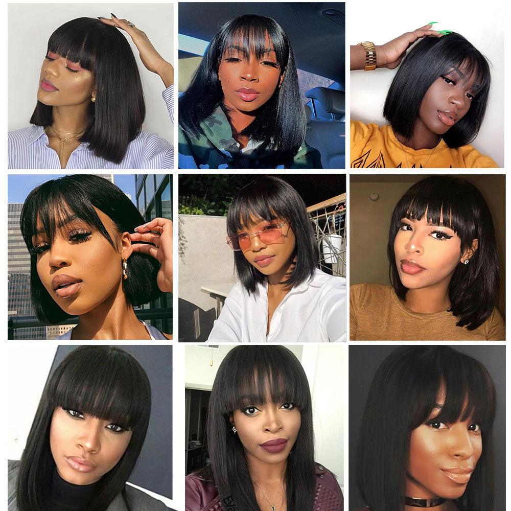 Perruques Bob Courtes Lisses en Cheveux Humains avec Frange Cheveux Naturels Brésiliens Perruques Bob Courtes pour Femmes Sans Dentelle Entièrement Faites à la Machine pour Femmes Noires Cadeaux pour Petites Amies