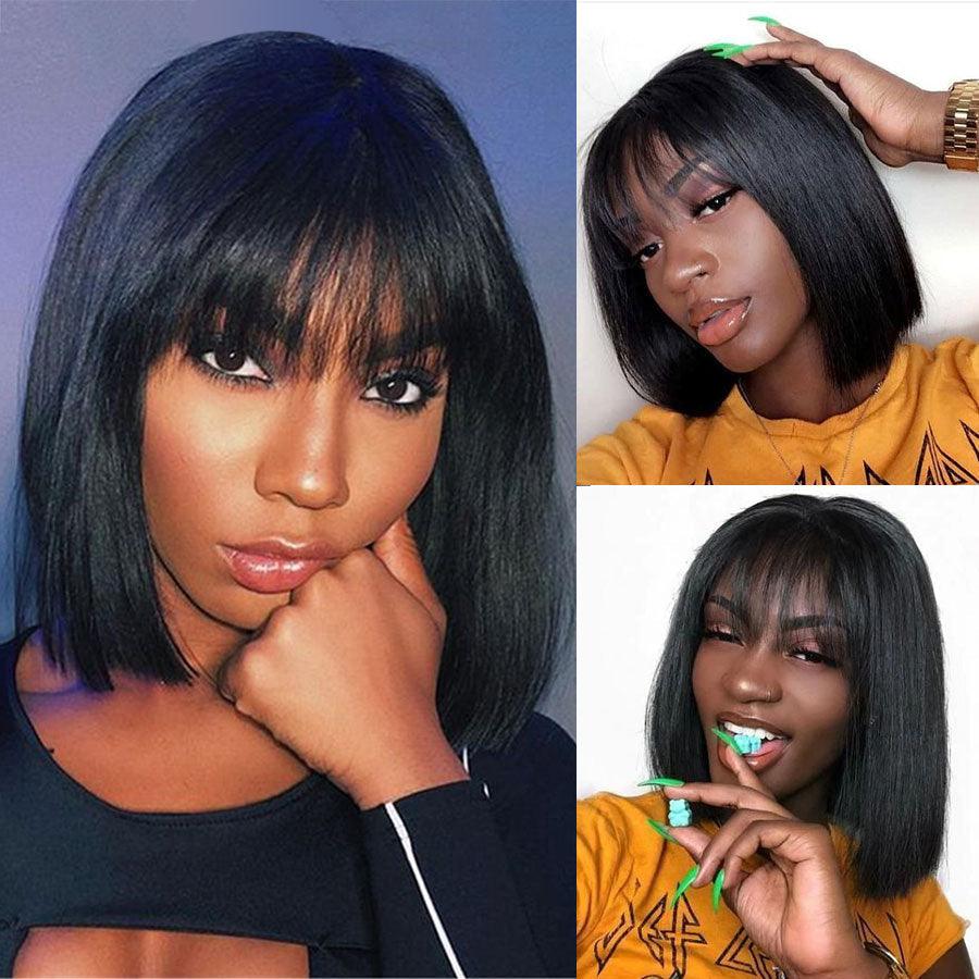 Perruques Bob Courtes Lisses en Cheveux Humains avec Frange Cheveux Naturels Brésiliens Perruques Bob Courtes pour Femmes Sans Dentelle Entièrement Faites à la Machine pour Femmes Noires Cadeaux pour Petites Amies