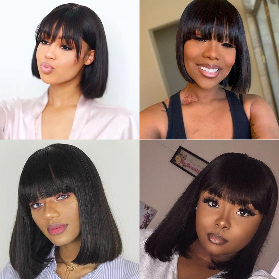 Perruques Bob Courtes Lisses en Cheveux Humains avec Frange Cheveux Naturels Brésiliens Perruques Bob Courtes pour Femmes Sans Dentelle Entièrement Faites à la Machine pour Femmes Noires Cadeaux pour Petites Amies