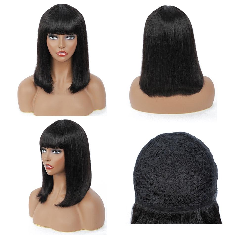 Perruques Bob Courtes Lisses en Cheveux Humains avec Frange Cheveux Naturels Brésiliens Perruques Bob Courtes pour Femmes Sans Dentelle Entièrement Faites à la Machine pour Femmes Noires Cadeaux pour Petites Amies