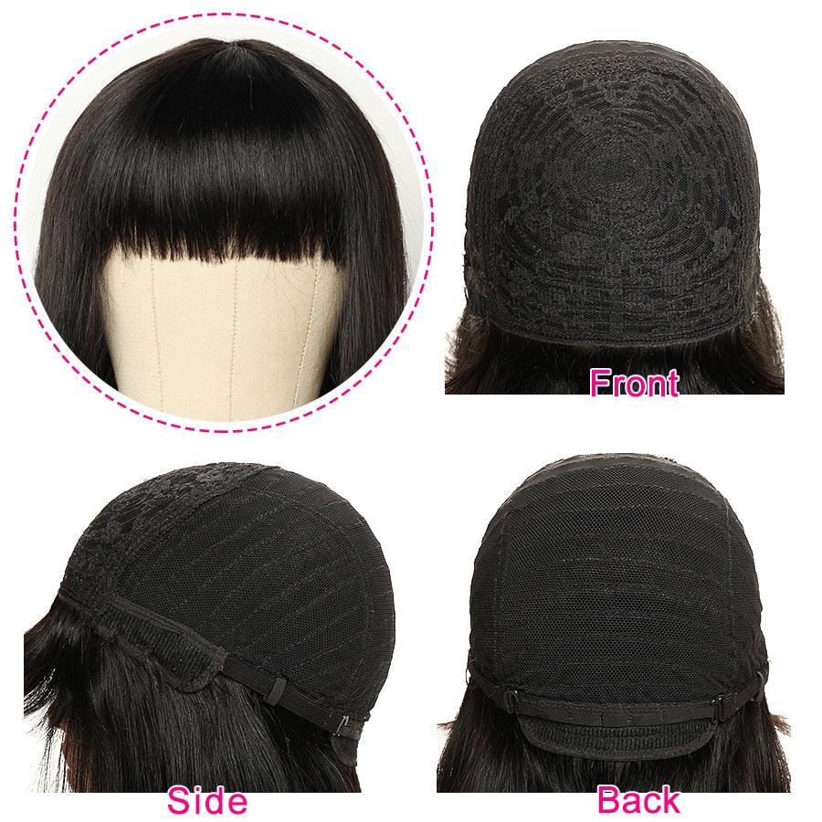 Perruques Bob Courtes Lisses en Cheveux Humains avec Frange Cheveux Naturels Brésiliens Perruques Bob Courtes pour Femmes Sans Dentelle Entièrement Faites à la Machine pour Femmes Noires Cadeaux pour Petites Amies