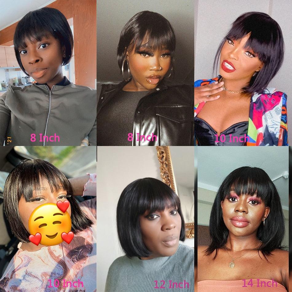 Perruques Bob Courtes Lisses en Cheveux Humains avec Frange Cheveux Naturels Brésiliens Perruques Bob Courtes pour Femmes Sans Dentelle Entièrement Faites à la Machine pour Femmes Noires Cadeaux pour Petites Amies