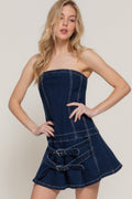 Robe plissée courte sans bretelles en jean stretch
