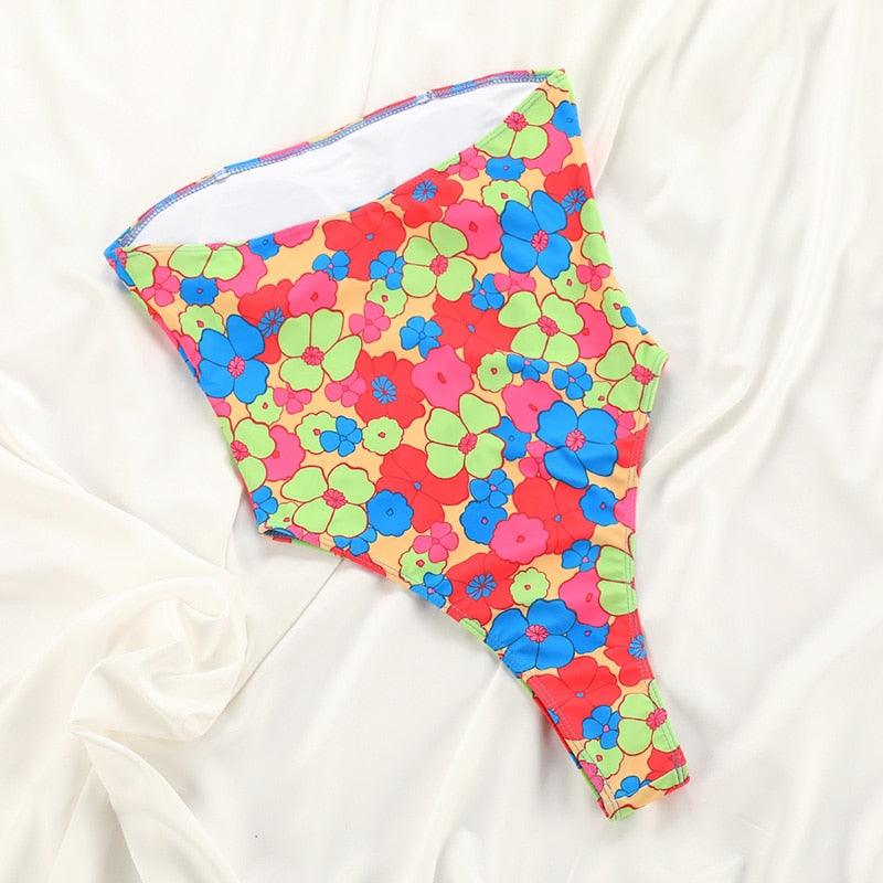 Maillot de Bain Bikini Floral String Maillot de Bain Femme Taille Haute Bikini Set Vêtement de Plage Femme Maillot de Bain Imprimé Floral Nœud String Bikini Triangle Attache Côtés Coupe Haute Bikini Effronté