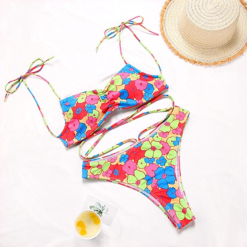 Maillot de Bain Bikini Floral String Maillot de Bain Femme Taille Haute Bikini Set Vêtement de Plage Femme Maillot de Bain Imprimé Floral Nœud String Bikini Triangle Attache Côtés Coupe Haute Bikini Effronté