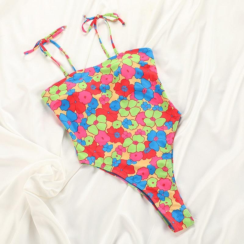 Maillot de Bain Bikini Floral String Maillot de Bain Femme Taille Haute Bikini Set Vêtement de Plage Femme Maillot de Bain Imprimé Floral Nœud String Bikini Triangle Attache Côtés Coupe Haute Bikini Effronté