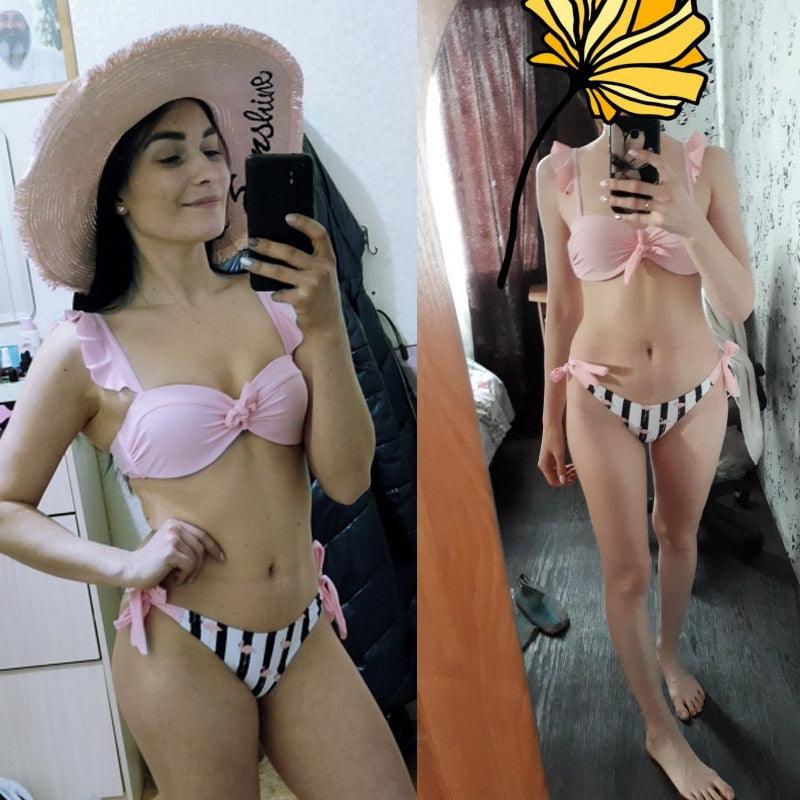 Maillot de bain rayé en dentelle à volants et push-up pour femme, ensemble de bikini avec soutien-gorge et coupe haute, deux pièces, ensembles de bikini push-up, maillots de bain, hauts de bikini à volants avec bas pour adolescentes.
